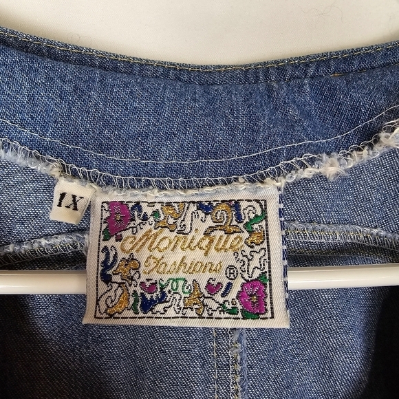 Vintage 80s Denim Floral Embroidered Beaded Button Up Shirt Tunic Mini Dress - Picture 7 of 8